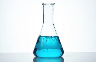 Poster - Glass Erlenmeyer flask with transparent light blue liquid. Lab equipment for scientific experiments, research. Container with chemical substance, for medical, pharmaceutical analysis. Close-up studio