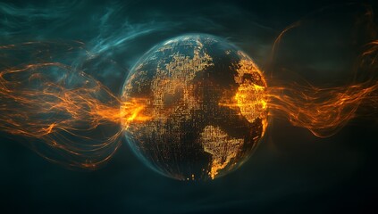 Fototapete - Dynamic and vibrant visualization of a globe with swirling data lines representing global communication and technology : Generative AI