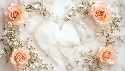 Poster - Simple yet elegant heart shape created by soft pink roses and tiny white flowers on a refined marble background : Generative AI