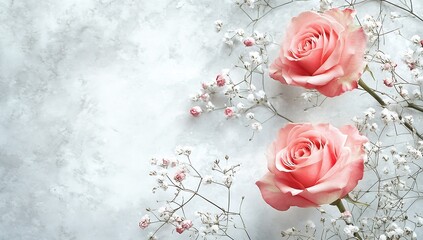 Poster - Stylish composition of pink roses with gentle white fillers on a soft textured background : Generative AI