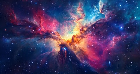 Poster - Vivid cosmic nebula bursting with light and energy creating a mesmerizing spectacle in the night sky : Generative AI