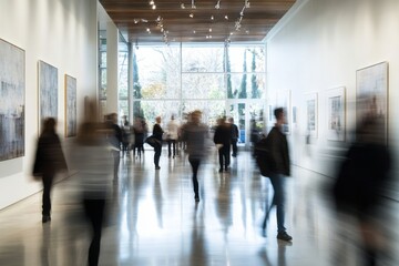 Leinwandbilder - People explore a modern art gallery filled with contemporary artwork in a spacious, well-lit environment during daytime
