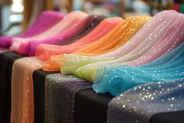 Poster - Brightly Colored Fashion Fabrics in Various Shades with Glittery Texture Displayed for Customers : Generative AI
