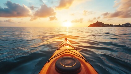 Poster - Vibrant Scenic View of Kayaking Under Sunset Over Ocean with Beautiful Reflections : Generative AI