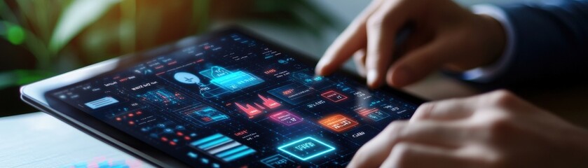 Poster - Person using a tablet with a digital interface displaying innovative features and engaging in modern technology