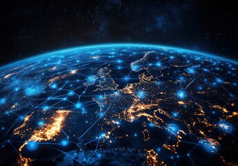 Poster - Vibrant view of Earth at night showcasing illuminated cities and a network of interconnected lines representing global communication and technology advancements