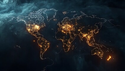 Poster - Stunning World Map Featuring Electric Glow with Bright Orange Points Connecting Major Global Regions : Generative AI