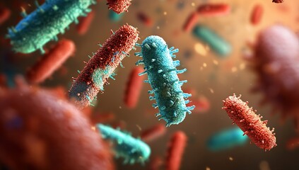 Poster - Colorful visualization of various bacteria and microorganisms in a scientific context : Generative AI