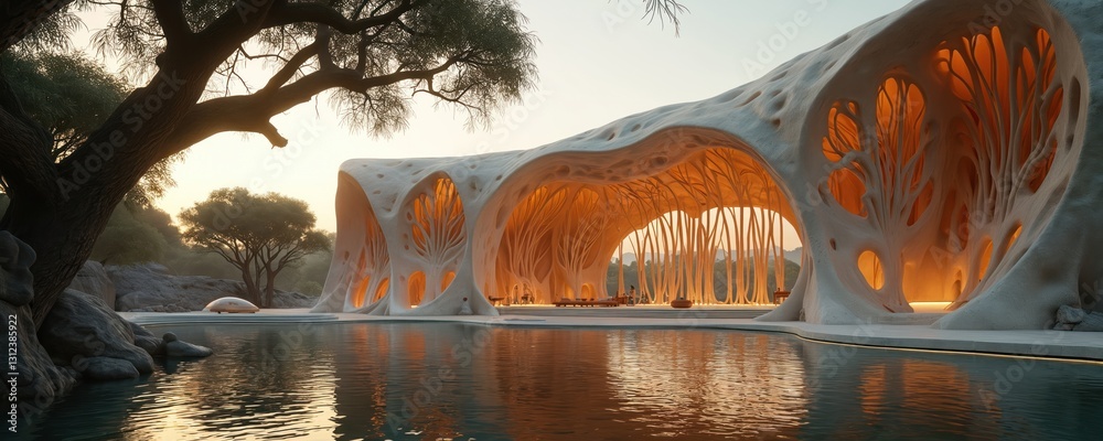 Futuristic nature reserve resort with biomimicry architecture. Pool ...