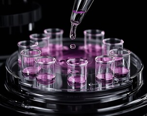 Poster - Microscopic view of test tubes filled with purple liquid under a pipette in a high-tech laboratory environment : Generative AI