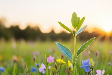 Poster - wild sprouts growing freely in meadow surrounded by colorful wildflowers under soft morning light