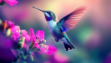 Poster - Artistic shot of a hummingbird gracefully flying near pink flowers showcasing vibrant colors and soft light : Generative AI