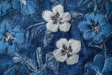 Poster - Embroidery floral abstract fantasy design on luxury denim blue jeans. A close-up view of a blue quilt adorned with vibrant, colorful flowers, showcasing intricate patterns and textures.
