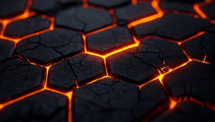 Poster - Artistic representation of glowing cracks in magma rock with a striking hexagonal arrangement : Generative AI