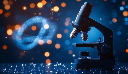 Poster - Elegant laboratory microscope positioned next to glass vials with illuminated DNA backdrop creating an intriguing scientific view : Generative AI