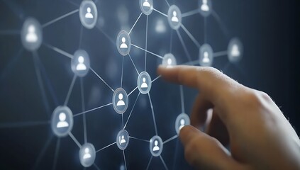 Fototapete - Finger Pointing at a Network of User Icons on a Digital Data Interface : Generative AI