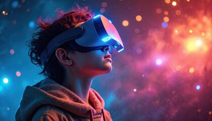 Aufkleber - Young person explores virtual reality with VR headset, immersed in colorful digital effects. High tech gaming, cyberspace experience against dark background. Innovation, entertainment, future tech,