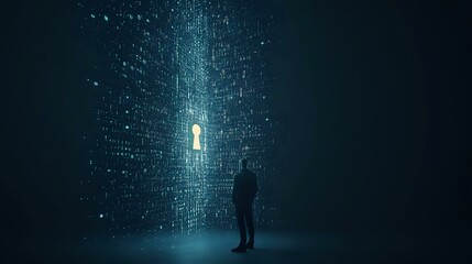 Poster - Silhouette of person observing glowing digital matrix pattern with human figure emerging from data stream against dark background, representing artificial intelligence concept.