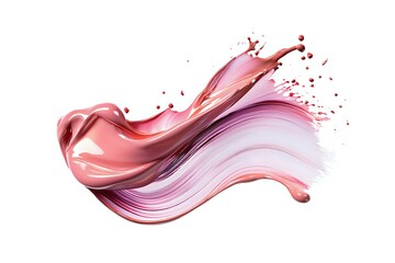 Poster - Dynamic splash of pink and coral liquid paint creating flowing wave shapes with delicate droplets against white background, isolated design element.
