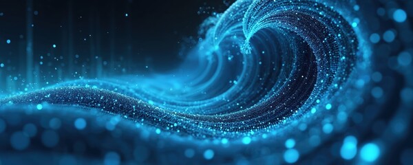 Poster - Abstract blue energy wave, futuristic data stream background. Tech data vortex stream resembles cyberpunk funnel. Technology illustration shows light, space, motion, fractal digital fantasy swirl