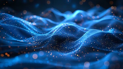 Poster - Abstract blue glowing waves with particles and bokeh effects on dark background, flowing energy concept for technology and science designs.