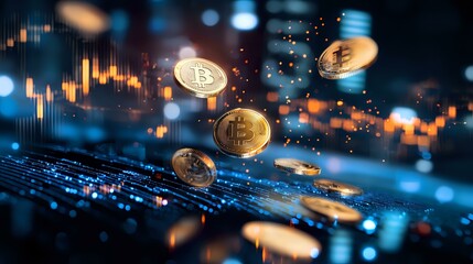 Poster - Golden bitcoin coins floating over digital market chart with glowing blue technology background and bokeh lights, cryptocurrency trading concept.