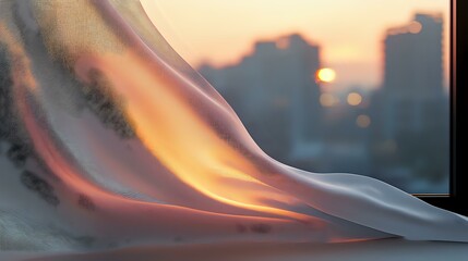 Poster - Ethereal smoke wisps create flowing curves against sunset cityscape backdrop, with warm orange and pink tones blending into cool gray swirls in atmospheric lighting.