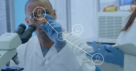 Poster - Scientist using microscope with network connections animation over laboratory scene