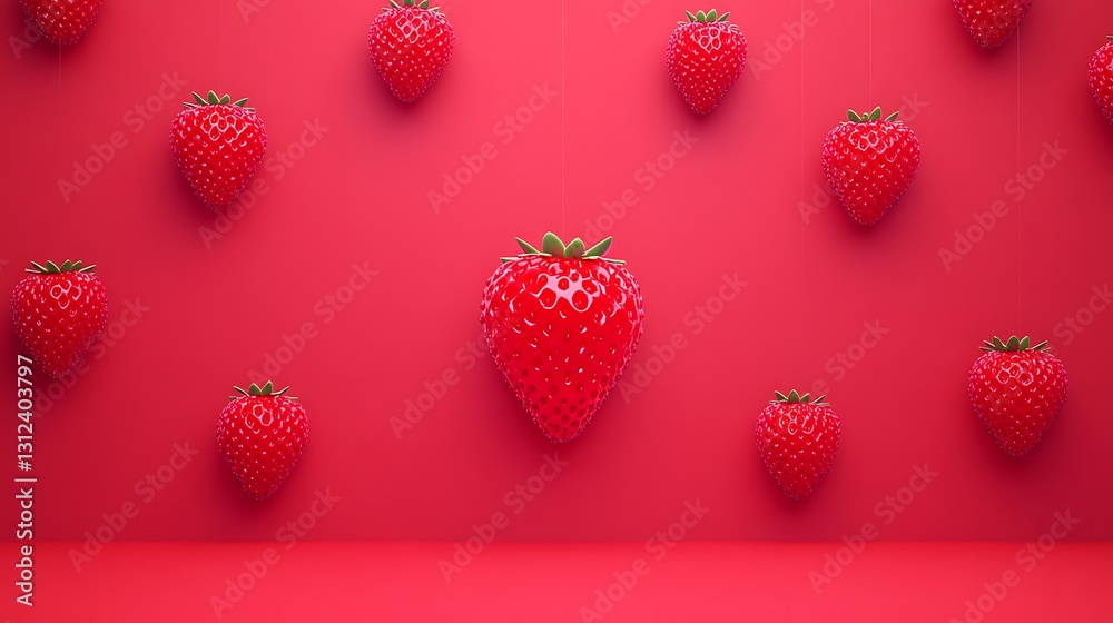 Strawberries Floating On Wall. Backdrop, for food display, healthy recipe, product showcase, fresh snack