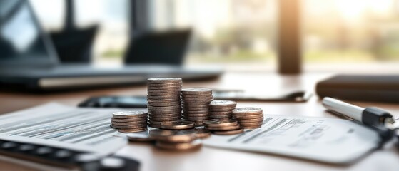 Poster - A modern laptop placed next to a stack of coins illustrating concepts of finance, investment, and technology