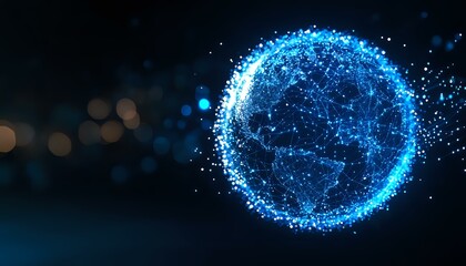 Poster - Digital globe visualization with glowing blue network connections and particle effects on dark background, representing global technology and data networks.