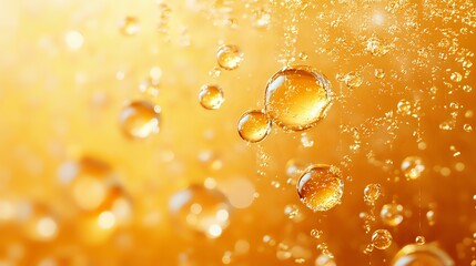 Poster - Transparent water drops floating on golden orange background with bokeh effect and sunlight. Macro photography of pure liquid bubbles creates dreamy atmosphere.