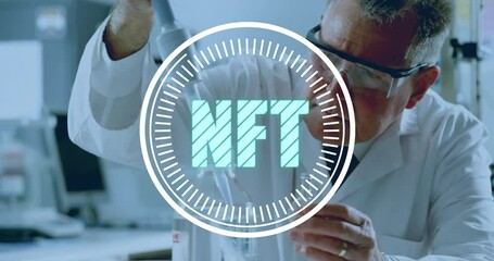 Poster - In laboratory, scientist working with NFT text animation overlay on screen