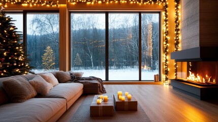 Poster - Beautiful living room adorned with a festive christmas tree creating a joyful and cheerful ambiance for the holidays