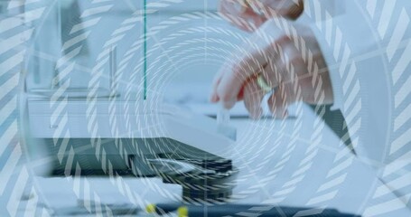 Poster - Spiral pattern animation over blurred laboratory equipment in scientific setting