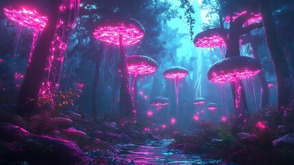 Poster - A digital forest with neon-colored trees and glowing wildlife, creating a surreal, otherworldly atmosphere