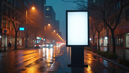 Aufkleber - Blank white billboard at night city street. Mockup of empty ad board banner with glowing city lights. Advertisement commercial display poster template against urban city landscape.