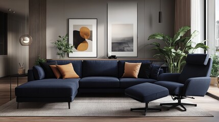 Poster - Cozy living room featuring a stylish blue couch and a complementary chair surrounded by warm and inviting decor