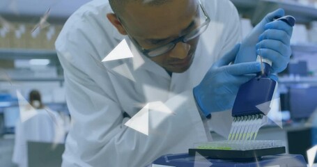 Poster - Scientist in lab coat using pipette with geometric shapes animation overlay