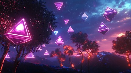 Poster - A digital landscape with floating neon pyramids and holographic trees, creating a virtual reality world