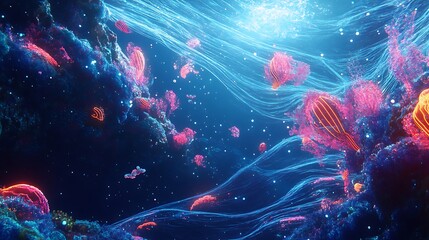 Poster - A digital ocean with holographic waves and neon-colored sea creatures, creating a futuristic marine environment