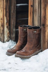 Wall Mural - brown boots in snow