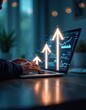 © miss irine - Businessman works with laptop and looks at rise up glow arrows as a graph. Digital online business profit screen. Business growth background, profit, goal, trading and success concepts.