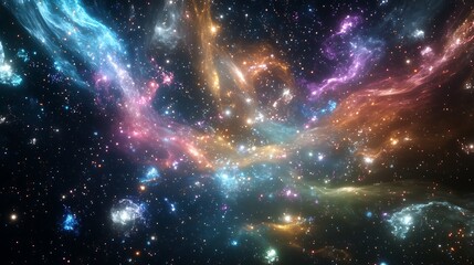 Poster - A digital sky with swirling clouds of data particles and neon-colored constellations