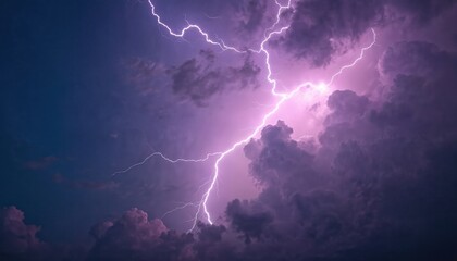 Poster - Dramatic lightning storm with purple, blue hues against dark sky. Electrical energy bolts in stormy weather. Bright striking electric ambient natural illumination visual photo.
