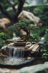 Wall Mural - bonsai tree by waterfall