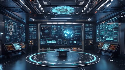 Poster - A futuristic control room with multiple holographic screens displaying various data and real-time updates