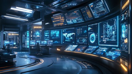 Poster - A futuristic control room with multiple holographic screens displaying various data and real-time updates