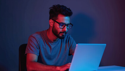 Arabian man works on a laptop in a neon illuminated background. He is a programmer, coder, developer. A gamer works in cyber space. He types and looks at the screen focused.