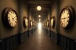 © miss irine - Long corridor with clock on walls shows different times leading to bright exit. Time concept passing, running, future, deadline, schedule, history. Old vintage design. Antique clock, vintage watches
